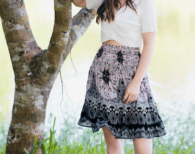 High Waisted Rayon Skater Skirt: Floral Mandala Print, Bohemian Style