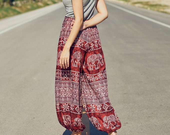 Handmade Burgundy Elephant Harem Pants: Boho Hippie Festival Trousers