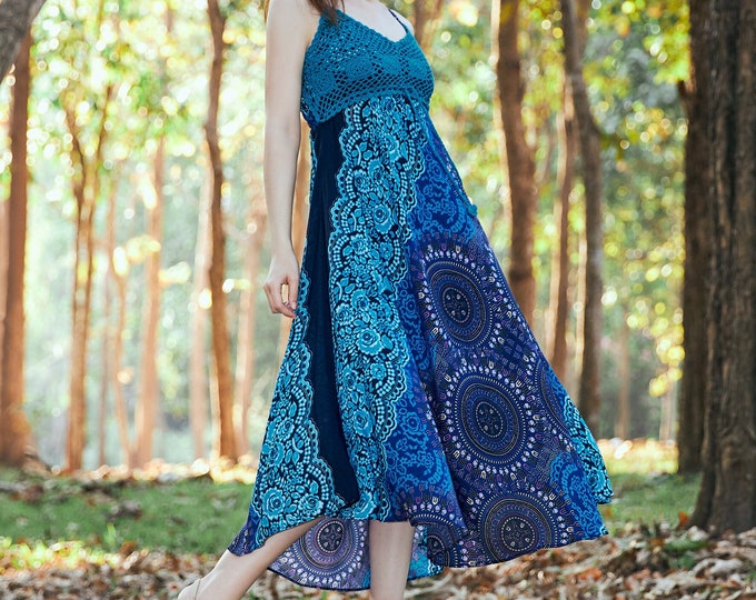 Blue Crochet Top Rayon Sundress: Boho Beach Dress