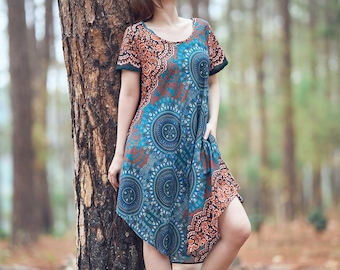 Teal Rose Rayon Dress: Bohemian Hippie Sundress with Pockets