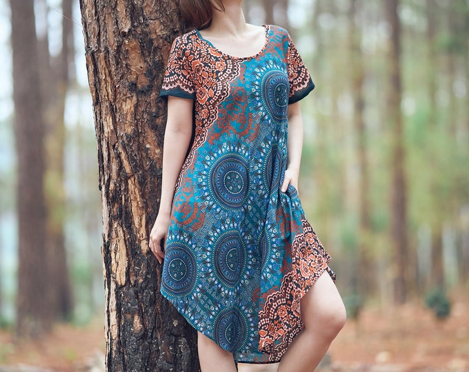 Teal Rose Rayon Dress: Bohemian Hippie Sundress with Pockets