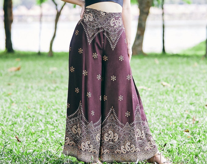 Handmade Brown Rayon Palazzo Pants: Boho Hippie Wide Leg Trousers