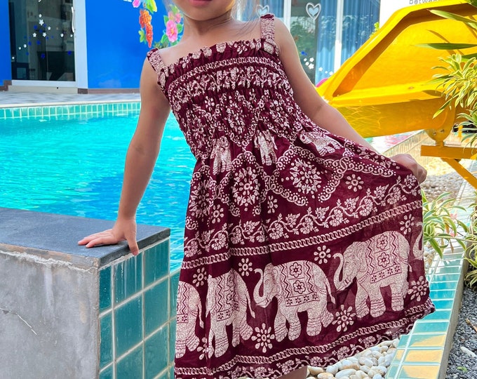 Girls' Burgundy Elephant Print Dress: Boho Summer Rayon Cover-Up
