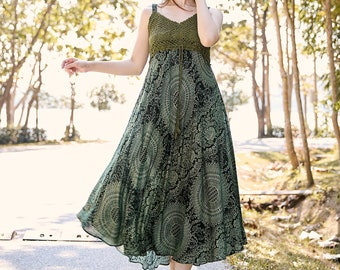 Flowy Bohemian Dress Crochet Top Hippie Clothes - Green Summer Dresses for Women Boho Clothing Beach Dress - Comfy Sundresses Gift for Her