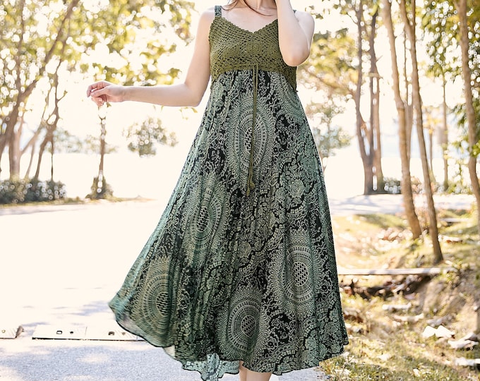 Green Crochet Top Bohemian Dress: Rayon Sundress, Hippie Clothes