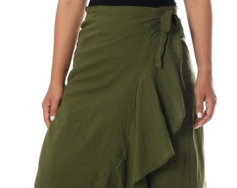 Olive Green Cotton Wrap Skirt: High Waist Boho Midi Skirt