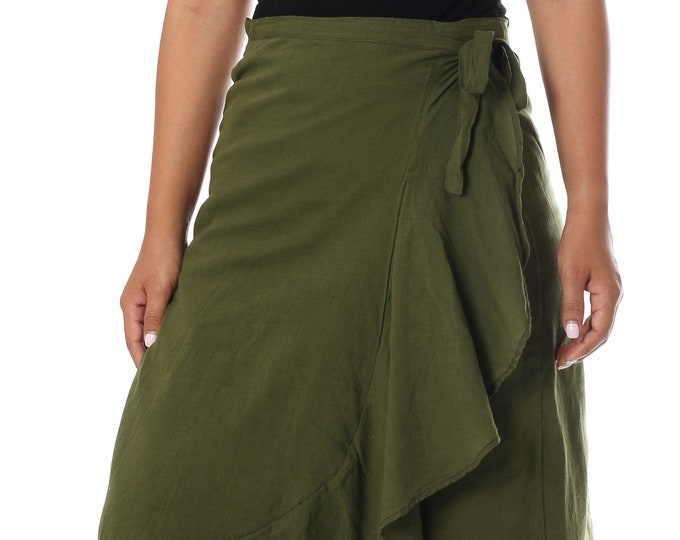 Olive Green Cotton Wrap Skirt: High Waist Boho Midi Skirt