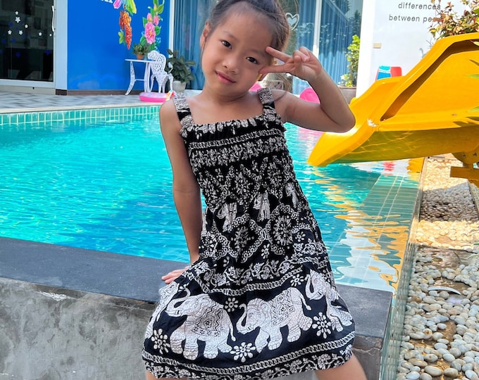 Girls Black Elephant Print Dress: Boho Summer Rayon Sundress