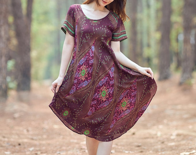 Boho Rayon Dress with Pockets: Burgundy Floral Hippie Sundress