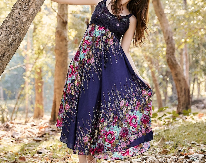 Blue Floral Crochet Top Sundress: Boho Rayon Summer Dress