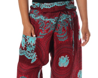 BURGUNDY FISHERMAN PANTS - Wide Leg Pants - Adjustable Waist Elephant Print Yoga Pants for Women - Rayon Fabric Pants