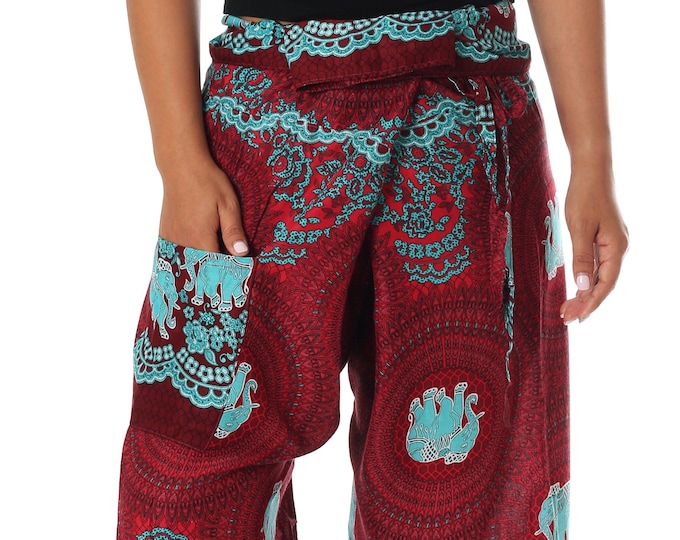 Burgundy Elephant Print Fisherman Pants - Adjustable Rayon Yoga Trousers