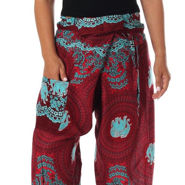 BURGUNDY FISHERMAN PANTS - Wide Leg Pants - Adjustable Waist Elephant Print Yoga Pants for Women - Rayon Fabric Pants