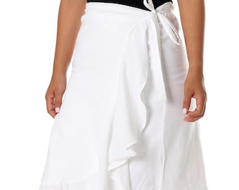 White Cotton Bohemian Midi Skirt: High Waisted Wrap Style