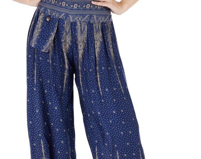 Handmade Rayon Harem Pants: Dark Blue Peacock Print Boho Hippie Trousers