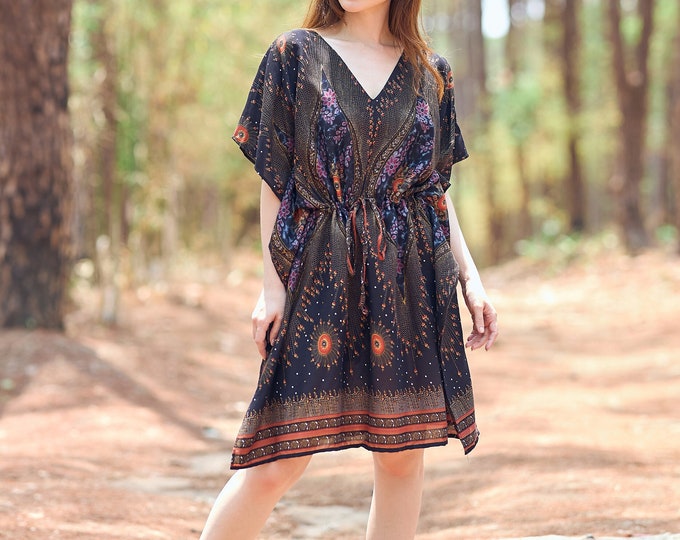 Rayon Boho Kaftan Dress: Bohemian Tunic Top, Swimsuit Cover-Up
