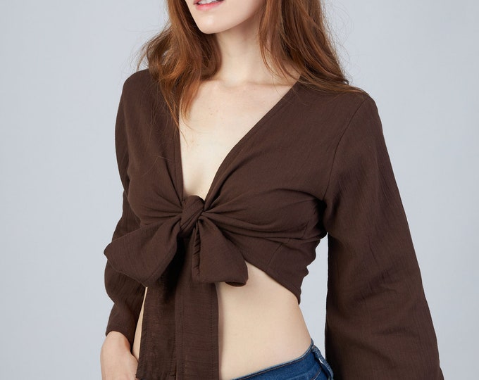 Brown Cotton Wrap Top: Convertible Boho Shirt, Long Sleeve