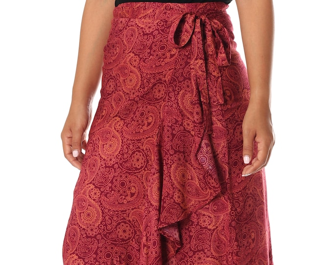 Boho Midi Wrap Skirt: High Waist Rayon Beach Skirt