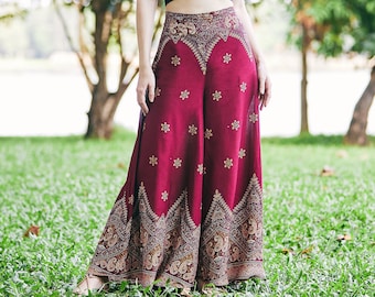 BURGUNDY WOMEN PALAZZO Pants - Petite to Plus Sizes Wide Leg Yoga Pants - Hippie Clothes - Boho Elegant Trousers - Comfy Fall Pants