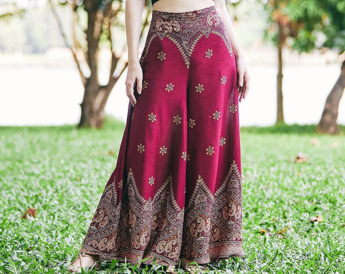 Handmade Burgundy Rayon Palazzo Pants: Boho Wide Leg Trousers