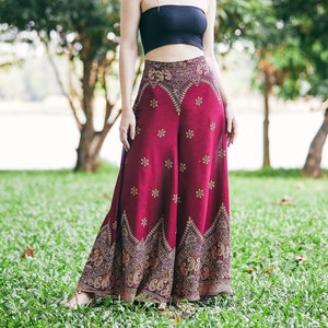 BURGUNDY WOMEN PALAZZO Pants - Petite to Plus Sizes Wide Leg Yoga Pants - Hippie Clothes - Boho Elegant Trousers - Comfy Fall Pants