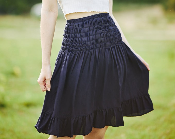 High Waisted Boho Mini Skirt: Dark Blue Printed Rayon Ruffle Skater