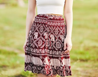 Red Boho Skirt: High Waisted Elephant Print Rayon Skater Skirt