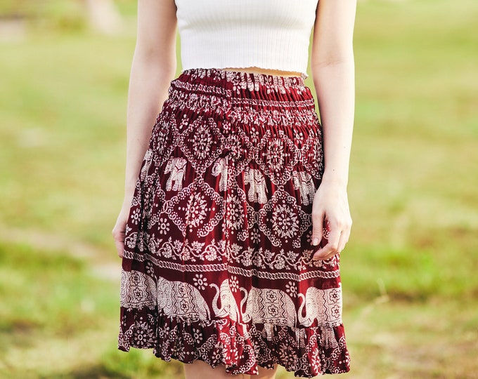 Red Boho Skirt: High Waisted Elephant Print Rayon Skater Skirt