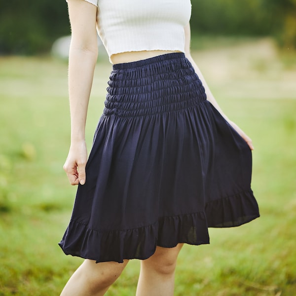 HIGH WAISTED Women Boho Ruffle Mini Skirts for Trendy Girls with Flowy Hippie Skirt - Solid Dark Blue Printed Skater Skirt