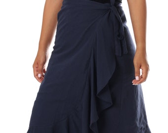 Dark Blue Cotton Midi Skirt: Boho High Waist Wrap Skirt