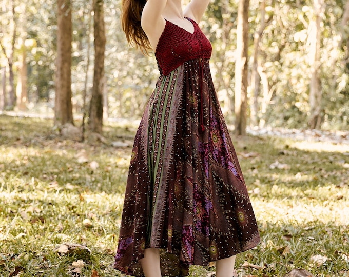 Burgundy Crochet Top Rayon Sundress: Bohemian Hippie Dress