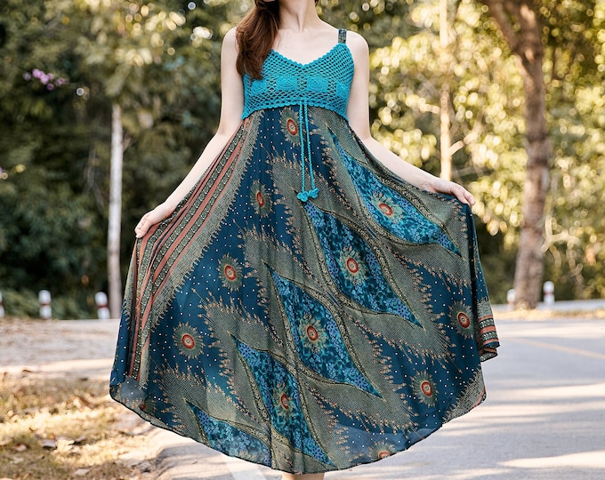 Teal Crochet Top Bohemian Dress: Rayon Summer Sundress