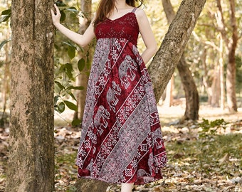 Burgundy Crochet Top Rayon Sundress: Boho Hippie Summer Dress