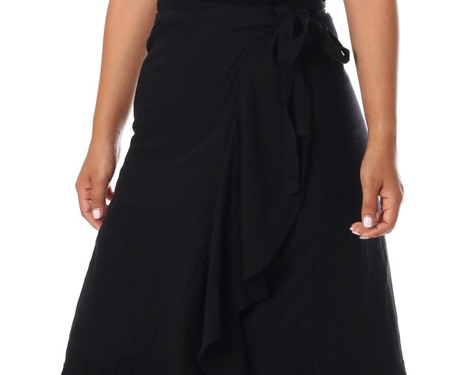 Black Cotton Midi Wrap Skirt: High Waist Boho Bohemian Skirt