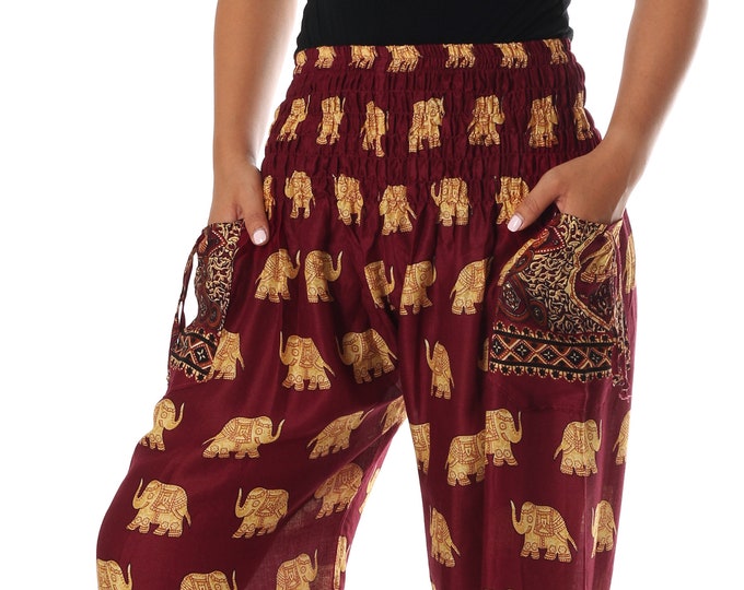 Elephant Harem Pants: Handmade Rayon Floral Genie Pants with Pockets