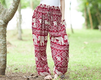 Burgundy Elephant Harem Pants: Rayon Boho Festival Trousers