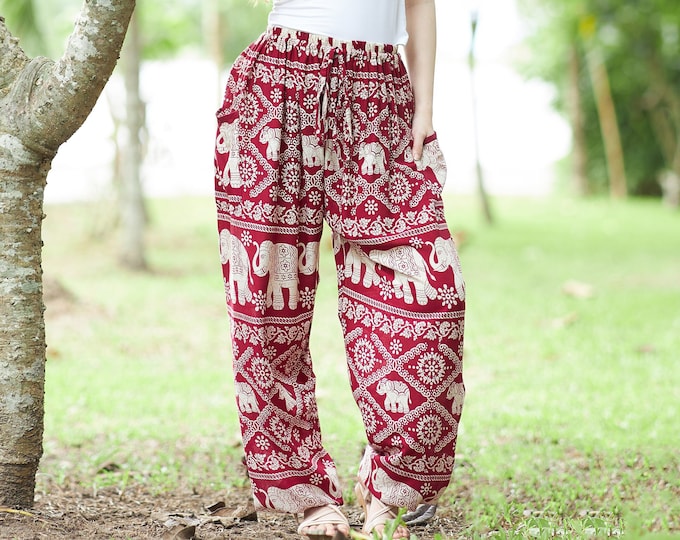 Burgundy Elephant Harem Pants: Rayon Boho Festival Trousers