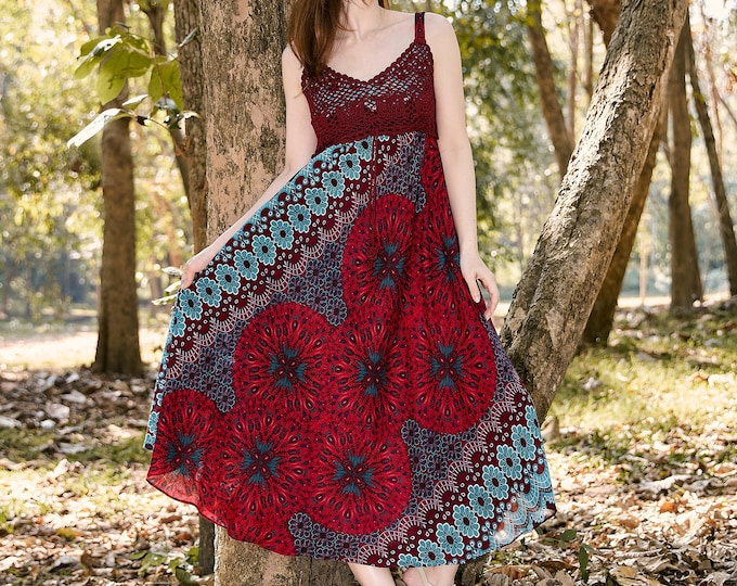 Burgundy Crochet Top Rayon Sundress: Boho Hippie Dress