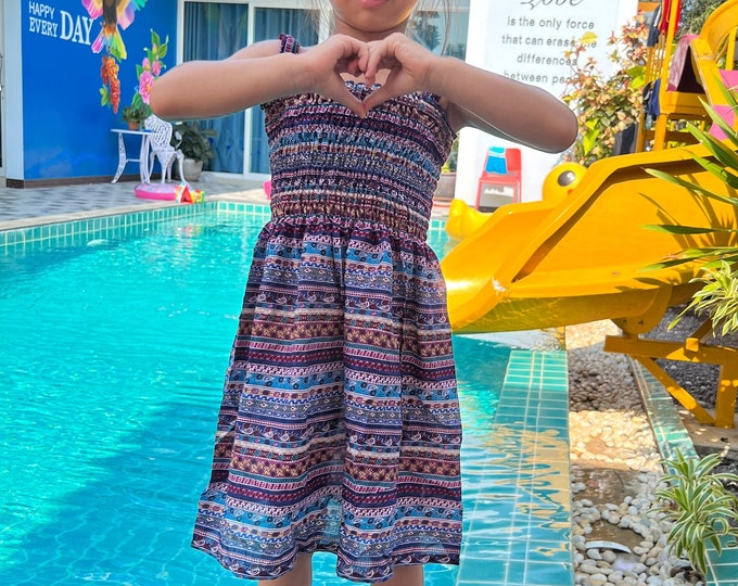 Girls Boho Sundress: Handmade Rayon Tank Dress - Light Blue