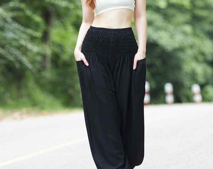 Featured listing image: BLACK HAREM PANTS - Boho Flowy Yoga Pants - Hippie Trousers - Bohemian Clothes for Women & Men - Genie Aladdin Balloon Pants - Fall Apparel