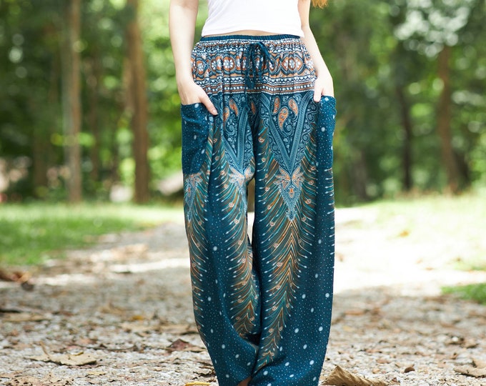 Teal Peacock Print Harem Pants: Handmade Rayon Boho Trousers