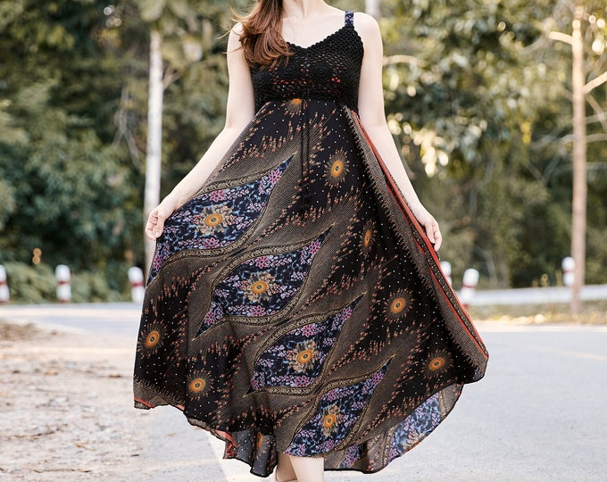 Black Crochet Top Boho Dress: Flowy Rayon Sundress