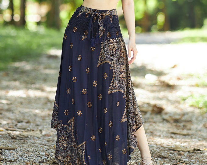 Dark Blue Rayon Maxi Skirt for Women - Bohemian Hippie Style, Petite to Plus Size - Boho Skirt - Womens Clothing - Sundress Hippie Clothing