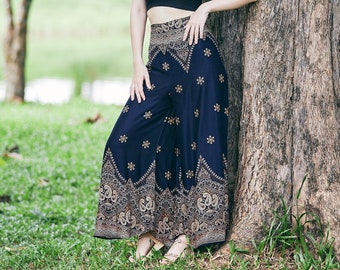 Peacock Print Palazzo Pants: Handmade Rayon Boho Trousers