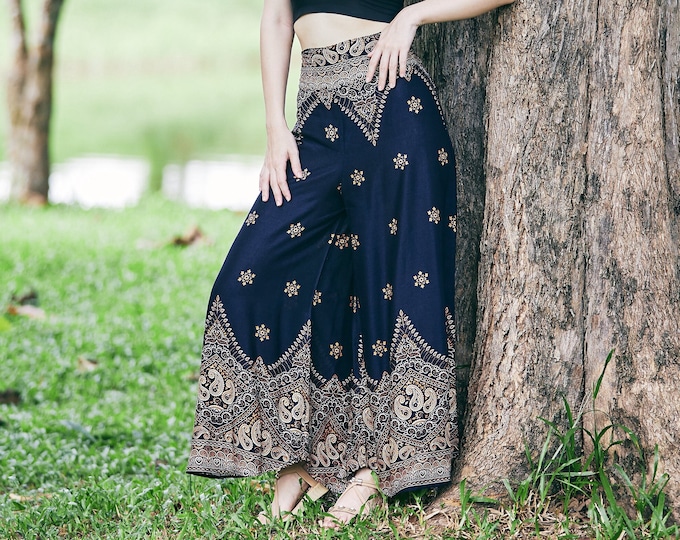 Peacock Print Palazzo Pants: Handmade Rayon Boho Trousers