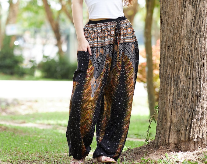 Black Peacock Harem Pants: Lightweight Rayon Yoga Trousers