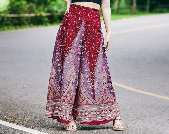 Red Peacock Palazzo Pants: Handmade Rayon Boho Wide Leg Trousers
