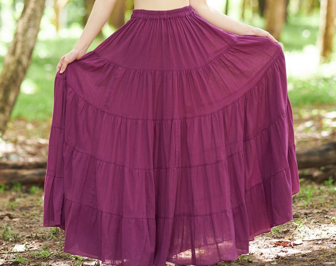 Purple Cotton Ruffle Maxi Skirt: Bohemian Summer Dress, Elastic Waist