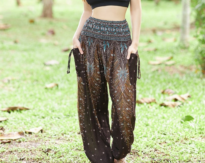 Brown Peacock Harem Pants: Bohemian Hippie Rayon Trousers with Pockets