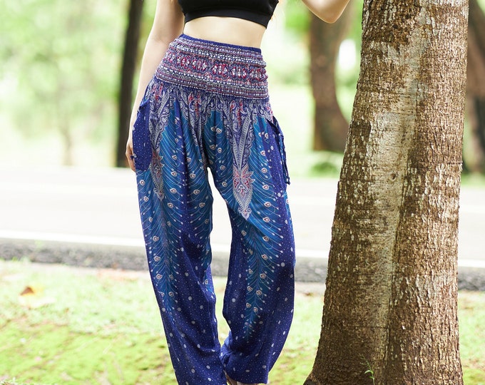 Blue Peacock Feather Harem Pants: Boho Rayon Aladdin Trousers